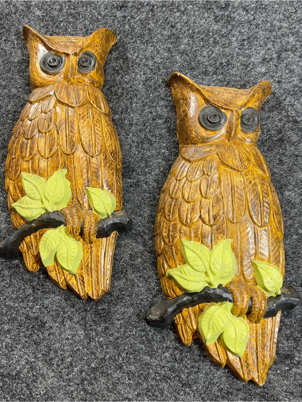 Vintage 1981 Hand Painted Owl Wall Plaques Pair Rustic Woodland Decor